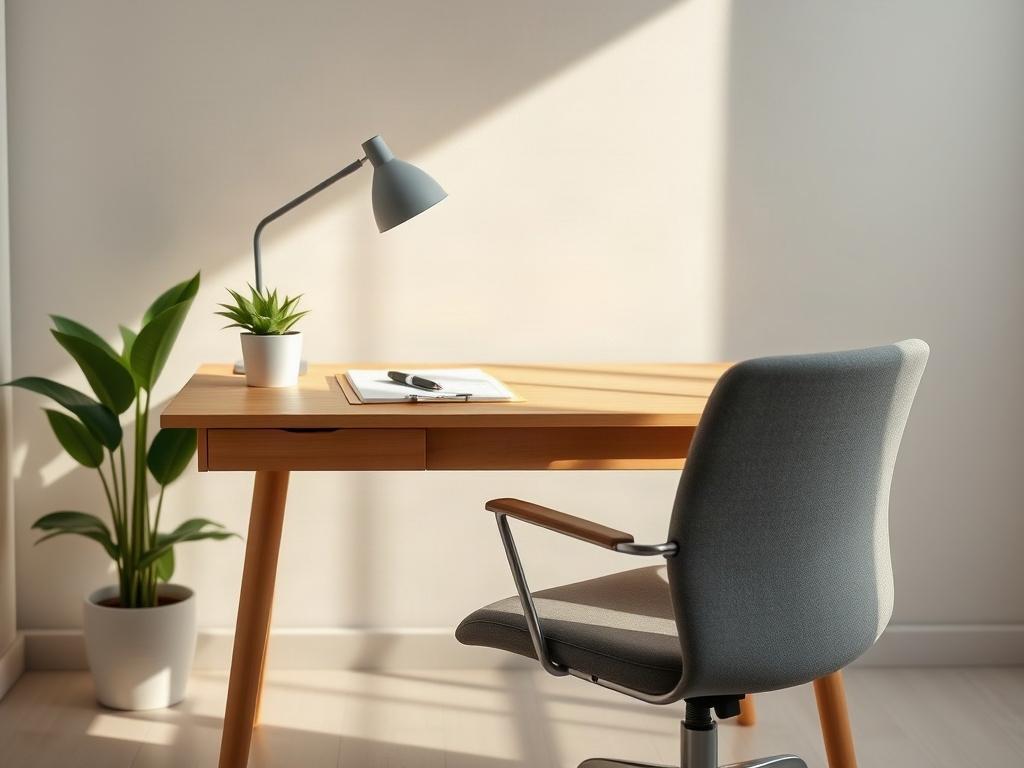 A serene office setting with a single desk and chair, bathed in soft natural light. A clipboard with the title 'Psychological Safety Audit' is placed on the desk, alongside a pen and a calm plant. The background features gentle tones and a peaceful atmosphere, emphasizing a safe and inviting space for reflection.