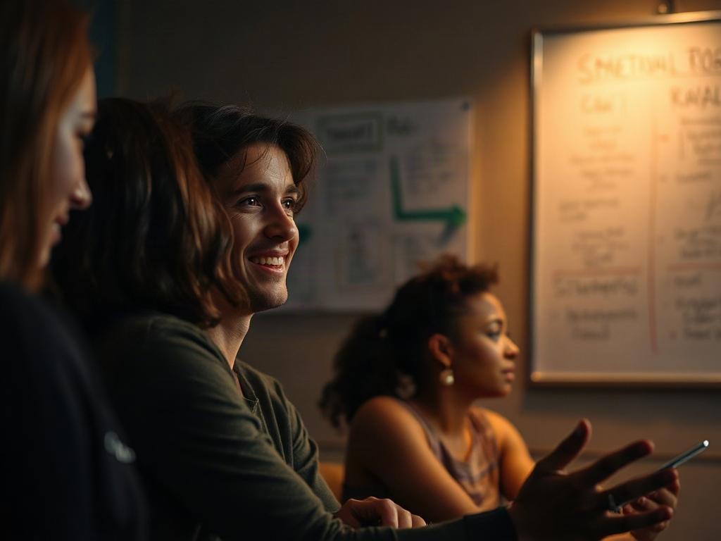 A focused individual engaged in a workshop setting, surrounded by supportive peers. The scene captures a moment of interaction, with a warm, inviting atmosphere. The background features a whiteboard with diagrams related to emotion regulation and strength assessments. The lighting is soft yet vibrant, emphasizing a sense of community and growth. The subject is smiling, showing engagement and enthusiasm for learning.
