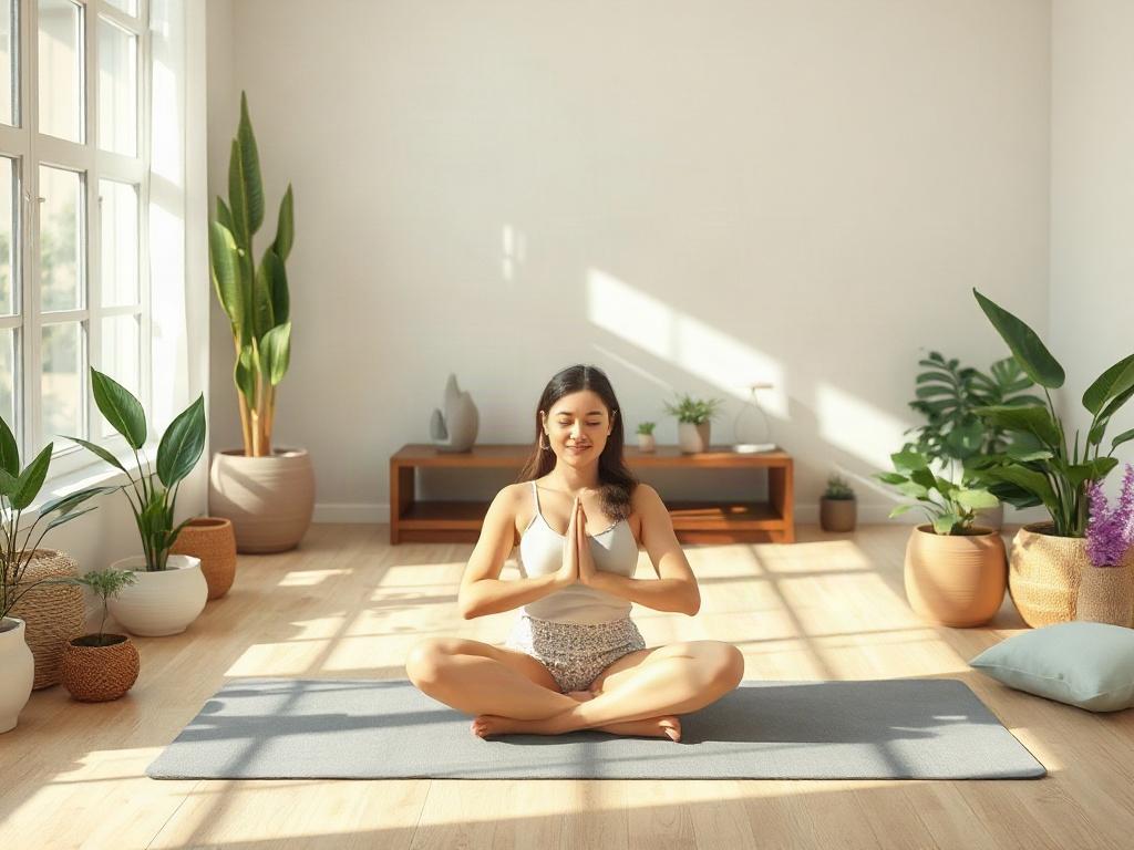 A tranquil indoor space featuring a person meditating peacefully on a yoga mat, surrounded by soft natural light and calming decor. The atmosphere is serene, with plants and gentle colors enhancing the feeling of holistic well-being. The individual appears centered and content, capturing the essence of growth and balance.