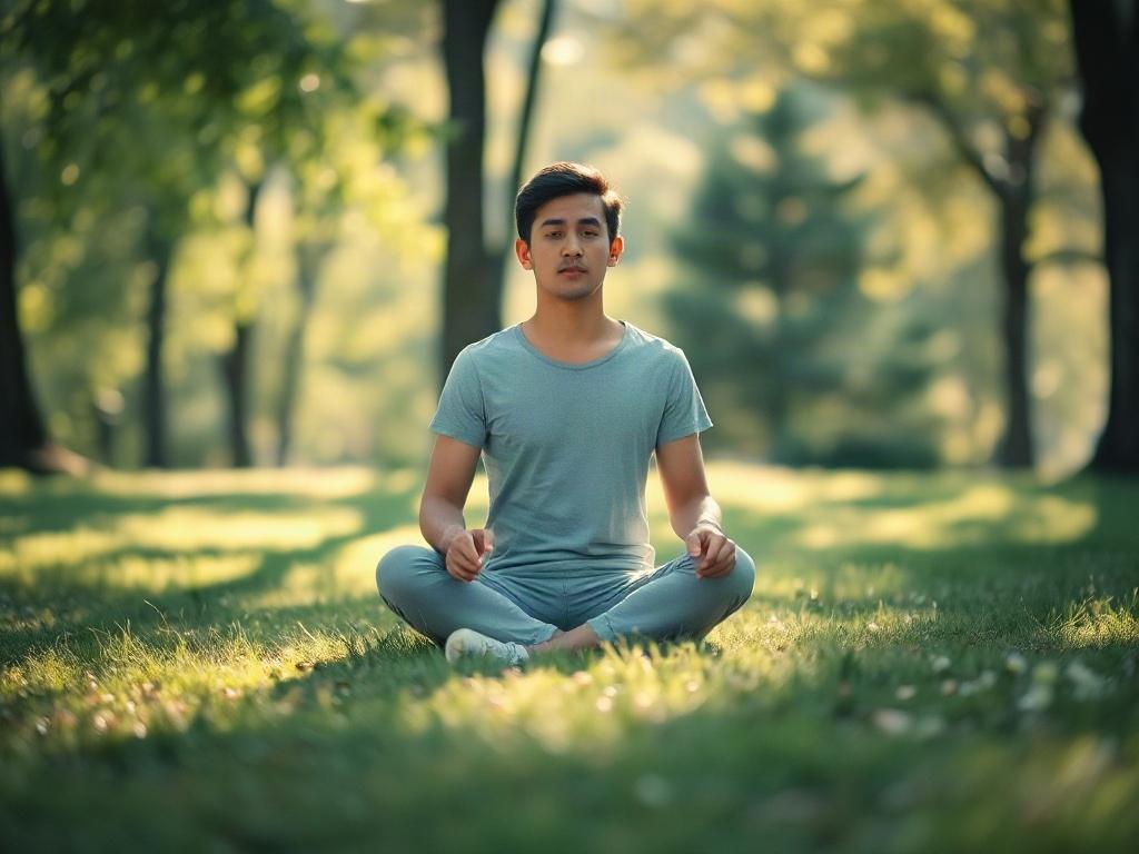 A serene and peaceful setting featuring a person sitting cross-legged on a soft, grassy area, surrounded by gentle sunlight filtering through trees. The individual appears calm and reflective, embodying a sense of healing and inner peace. In the background, soft green tones and subtle flowers create a tranquil atmosphere, inviting viewers to feel a sense of warmth and safety.