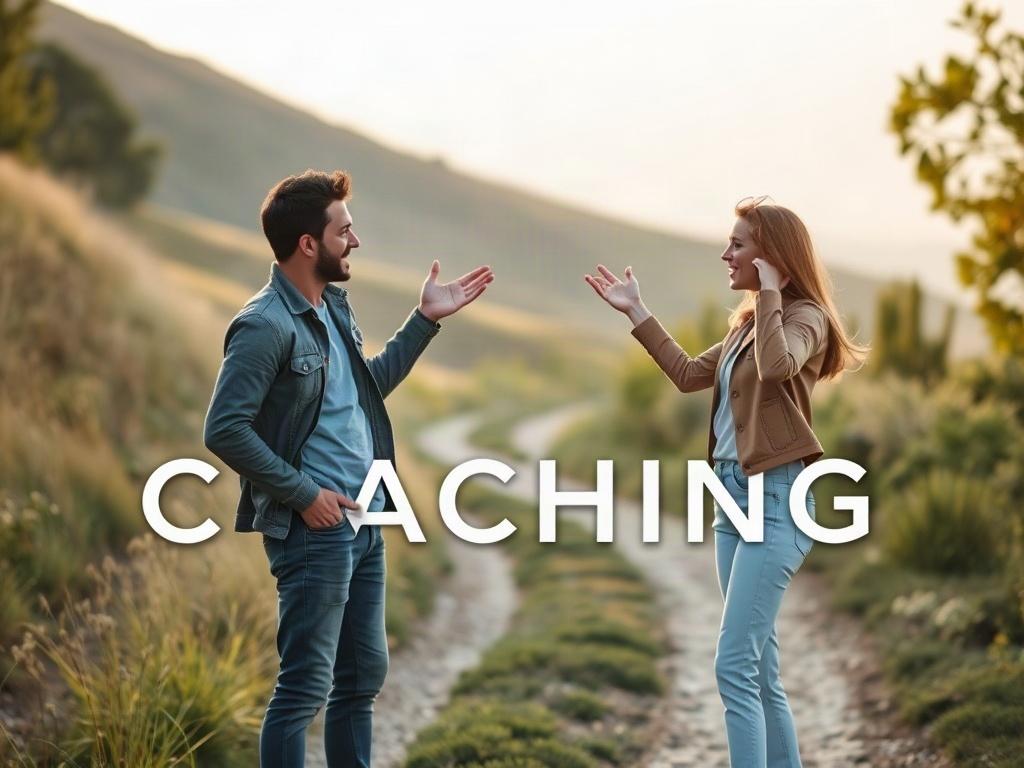A dynamic outdoor scene where two individuals engage in a lively coaching session, standing on a path surrounded by greenery. One person is actively listening while the other gestures enthusiastically, embodying energy and motivation. The background features soft hills and sunlight, symbolizing growth and the journey toward achieving goals.