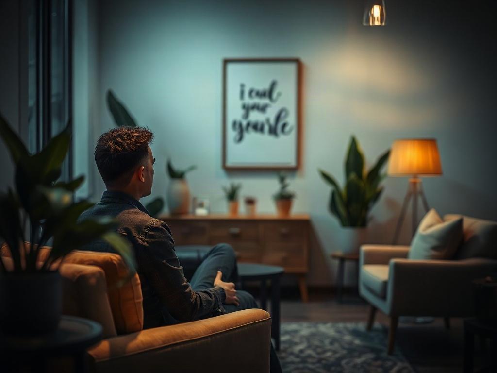 A serene and inviting counseling space, with soft lighting and comfortable seating. A person is seated in a relaxed posture, appearing deep in thought, surrounded by calming decor such as plants and inspirational artwork. The background is softly blurred, emphasizing the individual in the foreground, creating an atmosphere of peace and introspection.