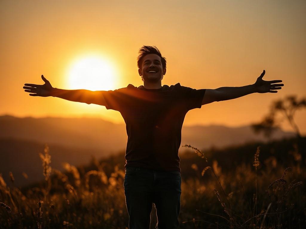 A person standing in nature, arms open wide, embracing the beauty around them. The sun is setting in the background, casting warm, golden light. The individual appears joyful and liberated, symbolizing the connection with their true self in a peaceful and inspiring environment.
