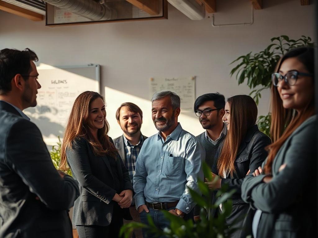 A single, focused image of a diverse group of professionals engaged in a lively discussion in a modern office setting. The atmosphere should convey openness and collaboration, with individuals expressing various emotions such as curiosity and determination. The background should include elements of a vibrant workplace, such as a whiteboard filled with ideas, plants for a touch of nature, and natural light streaming in. The color palette should harmonize with deep shadows and rich contrasts, highlighting the