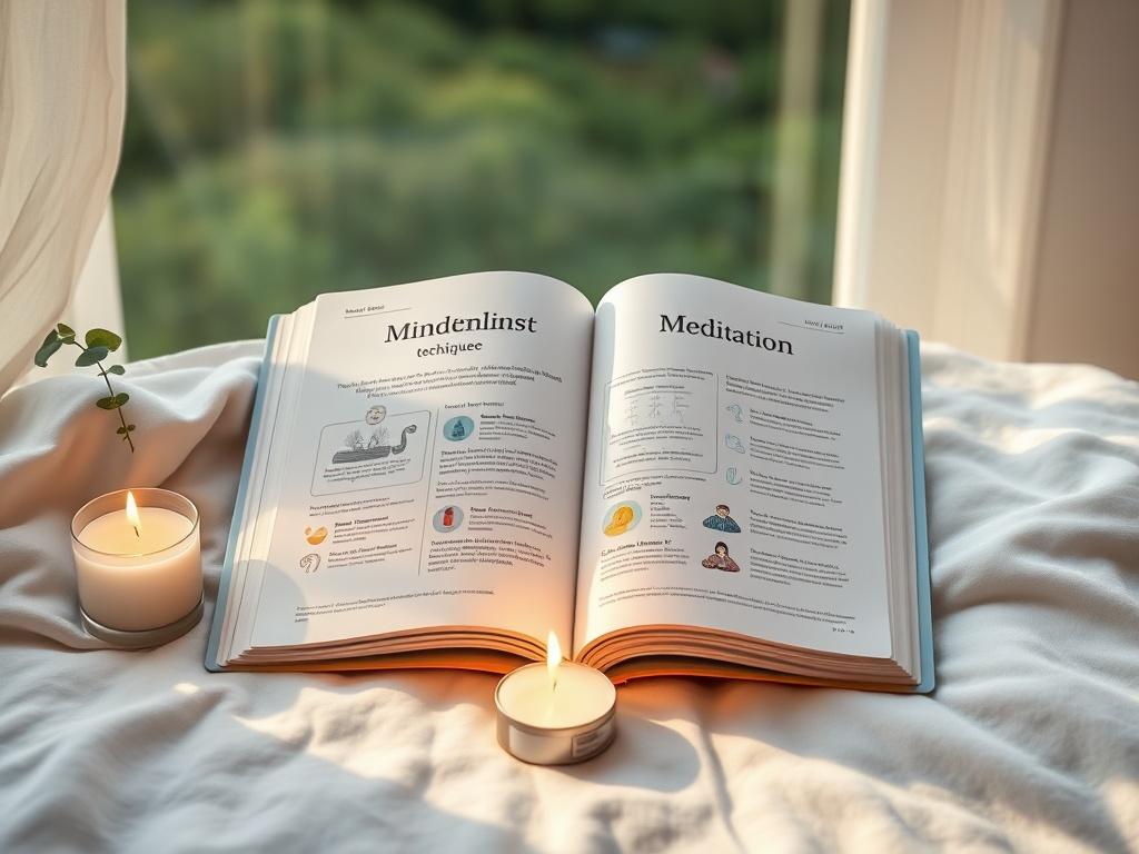 A serene high-resolution image of an open mindfulness meditation guide on a soft surface, with a calming background of nature. The guide features colorful illustrations of meditation techniques. A lit candle and a small plant are placed nearby, enhancing the tranquil atmosphere.