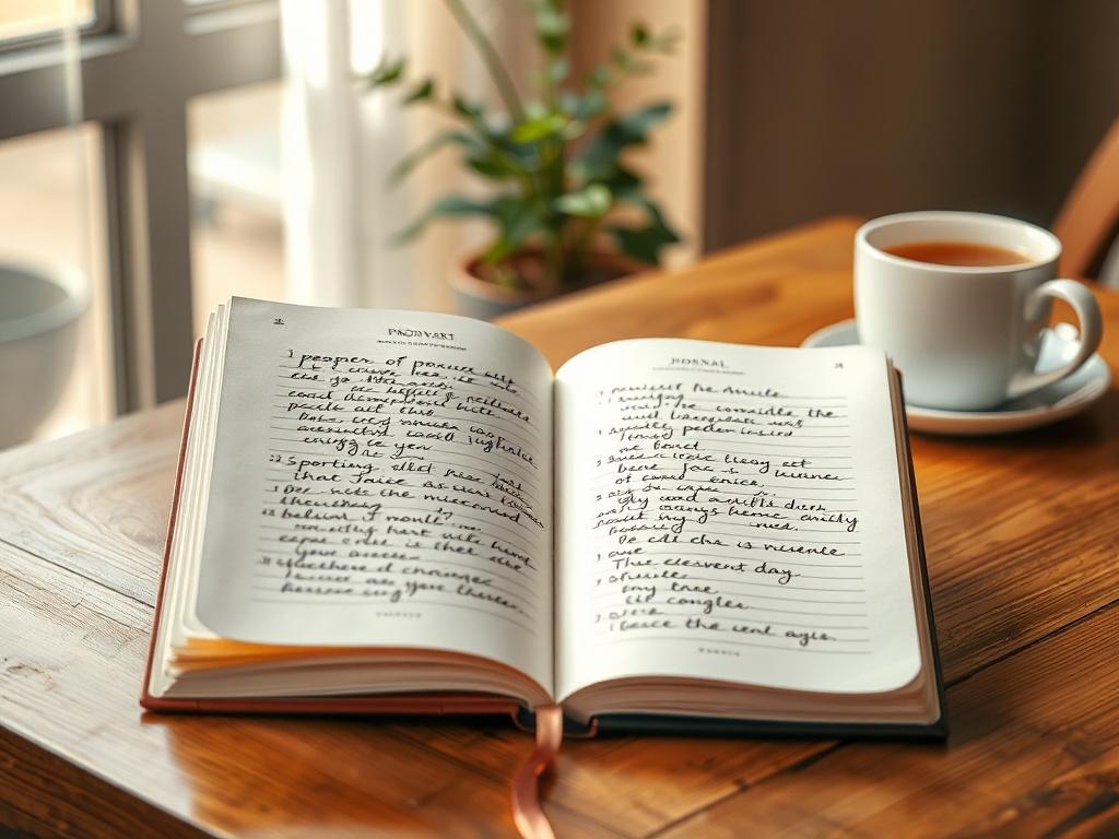 A realistic high-resolution image of a beautifully designed self-discovery journal resting on a wooden table. The journal is open, revealing neatly lined pages filled with handwritten prompts. In the background, there are soft, warm lighting and a peaceful atmosphere with a plant and a cup of herbal tea, creating a serene setting.