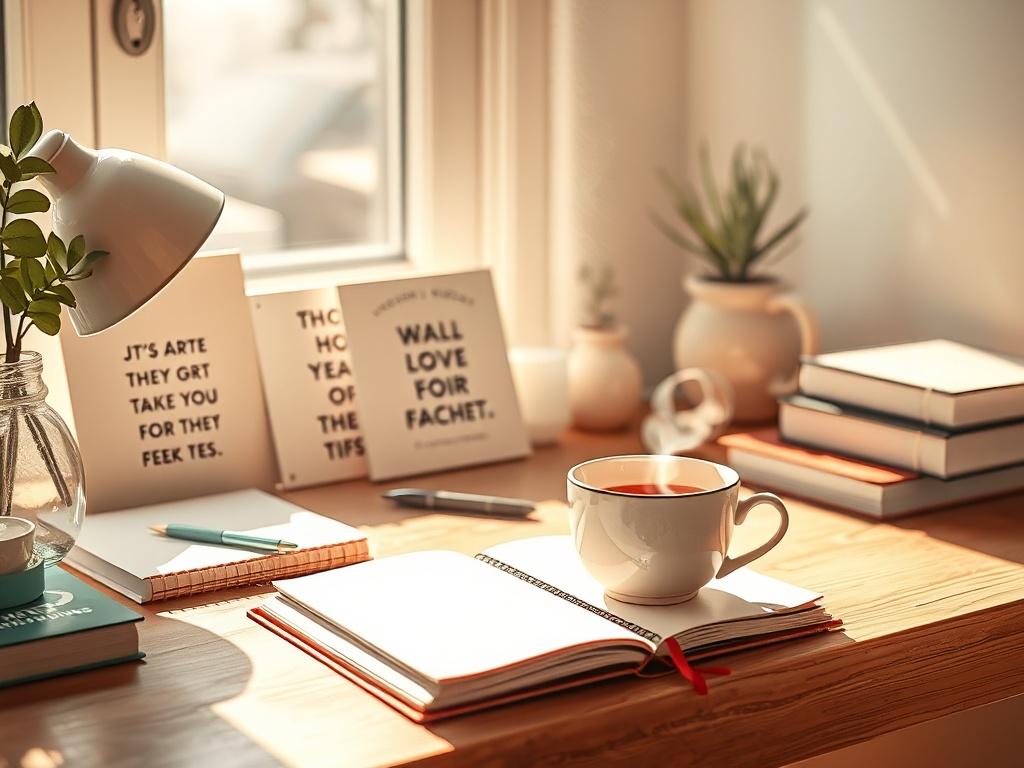 A bright and uplifting workspace featuring a desk with inspirational quotes, a journal, and a steaming cup of tea. The scene should convey a sense of motivation and positivity, with sunlight streaming through a window, creating a space that encourages empowerment and personal growth.