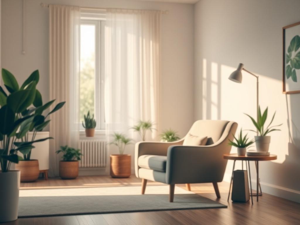 A serene and inviting office space with soft lighting, comfortable seating, and calming decor, designed for coaching sessions. The atmosphere should feel warm and welcoming, with plants in the background and a window showing soft natural light filtering through. A single armchair should be the main subject, symbolizing a safe space for personal growth and exploration.