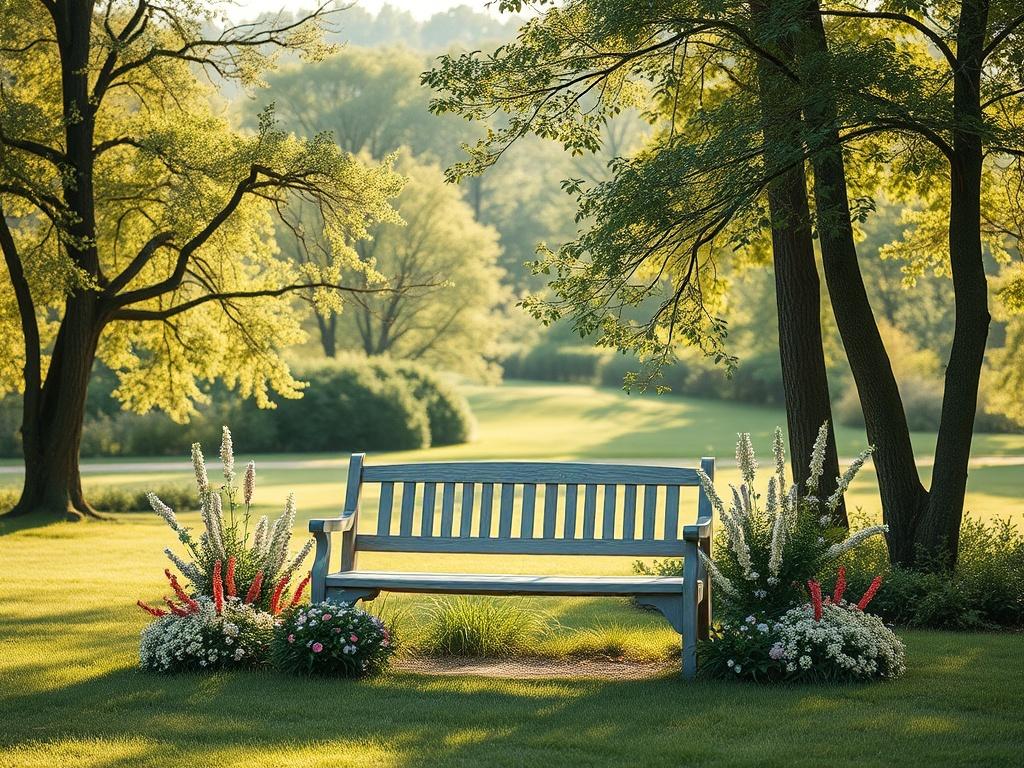 A tranquil nature scene depicting a peaceful outdoor setting with a soft green landscape and gentle sunlight filtering through trees. The focus should be on a single comfortable bench surrounded by flowers, inviting individuals to reflect and engage in personal growth and wellness activities.