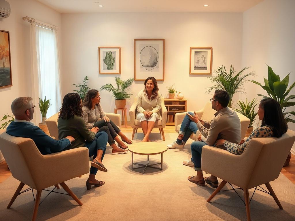 A serene and inviting group coaching setting with a circle of comfortable chairs arranged in a peaceful room. Soft, warm lighting creates a calming atmosphere. In the center, a gentle, confident facilitator engages with a small group of diverse individuals, all looking relaxed and open. The background features soft-toned decor, plants, and art that encourages a feeling of safety and support.
