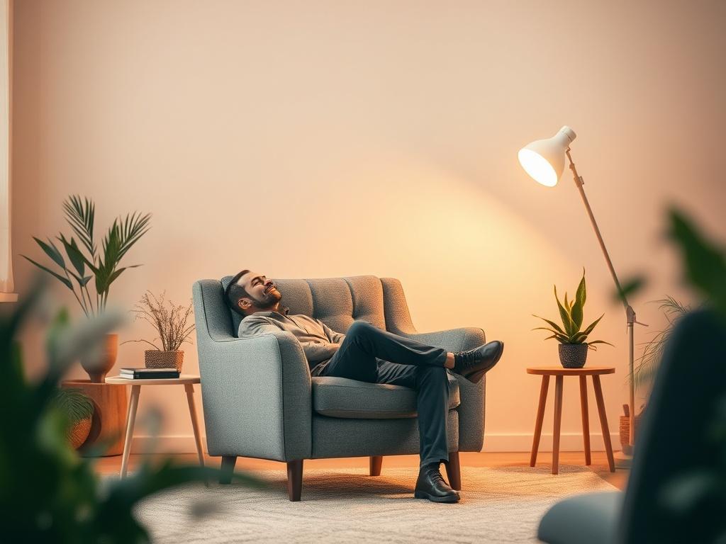 A serene and peaceful coaching session in a softly lit room, featuring a single individual sitting comfortably in a cozy armchair, engaged in deep thought and reflection. The background showcases warm, gentle colors with natural elements like plants, creating a calming atmosphere. The focus is on the person's expression of tranquility and insight, emphasizing the transformative journey of coaching and self-discovery.