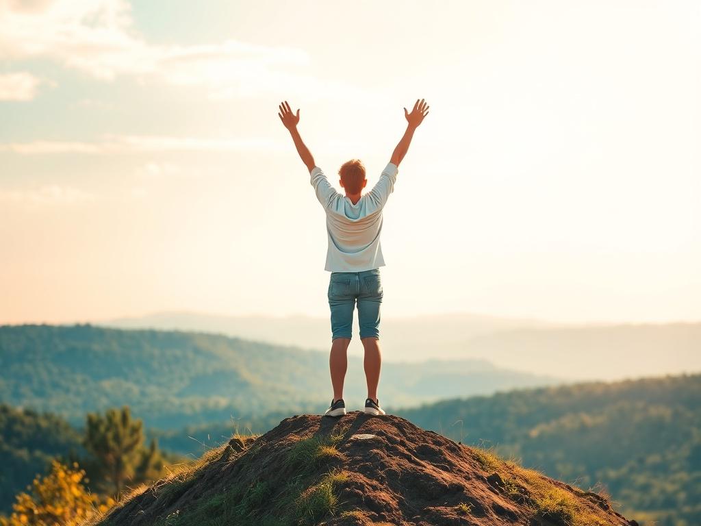 A vibrant outdoor scene depicting a person standing confidently on a hilltop, with arms raised in triumph against a backdrop of a bright blue sky and lush greenery. The image conveys a sense of empowerment and freedom, using warm colors and natural elements to evoke positivity and success.