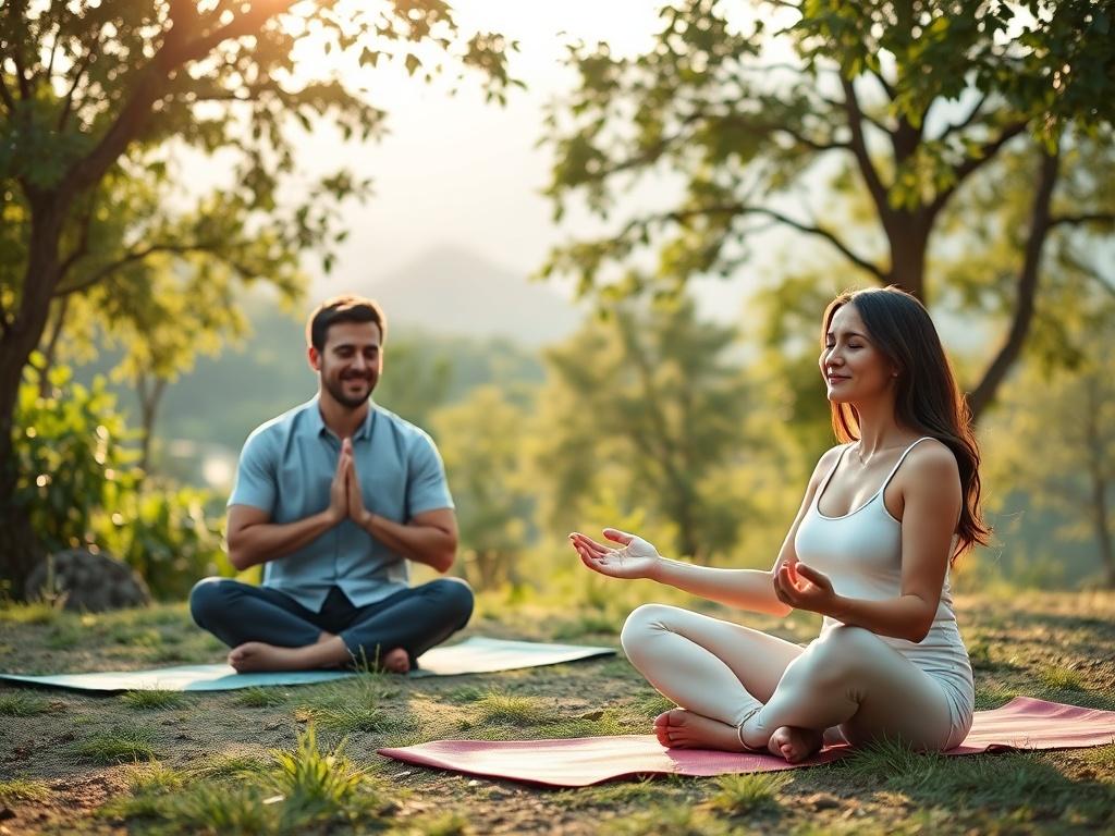 A serene outdoor setting featuring a couple engaging in a guided meditation, surrounded by lush greenery and soft sunlight filtering through the trees. The couple appears relaxed and connected, sitting on yoga mats, with gentle smiles on their faces. The background showcases a peaceful landscape with hiking trails and distant mountains, creating a tranquil atmosphere.