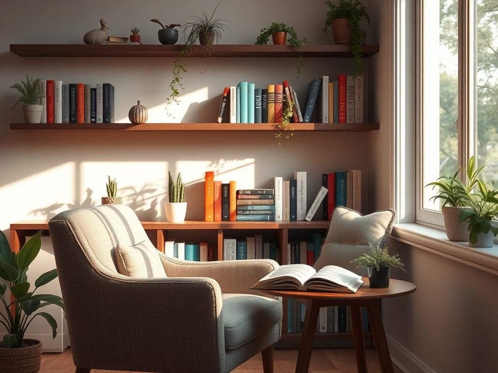 A serene reading nook with a comfortable armchair and a small wooden side table holding an open book. Soft natural light filters through a nearby window, casting gentle shadows. The background features a shelf filled with a variety of colorful books, plants, and a calming view of nature outside. The overall atmosphere is peaceful and inviting, perfect for a moment of reflection and learning.