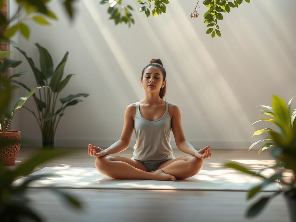 A serene setting with a person sitting cross-legged on a soft mat, eyes closed in meditation, surrounded by soft green plants and gentle sunlight filtering through leaves, creating a peaceful ambiance.