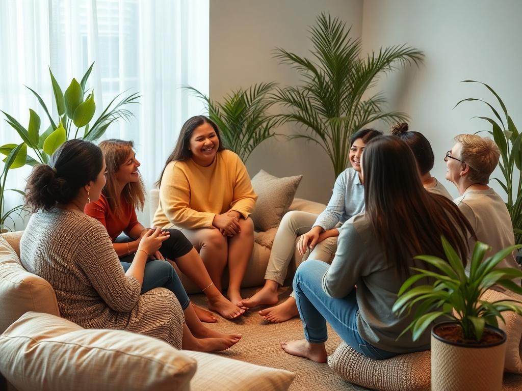 A group of diverse individuals sitting in a circle, engaged in a heartfelt discussion, with warm smiles and attentive expressions, set in a cozy, soft-lit room with plants and cushions.