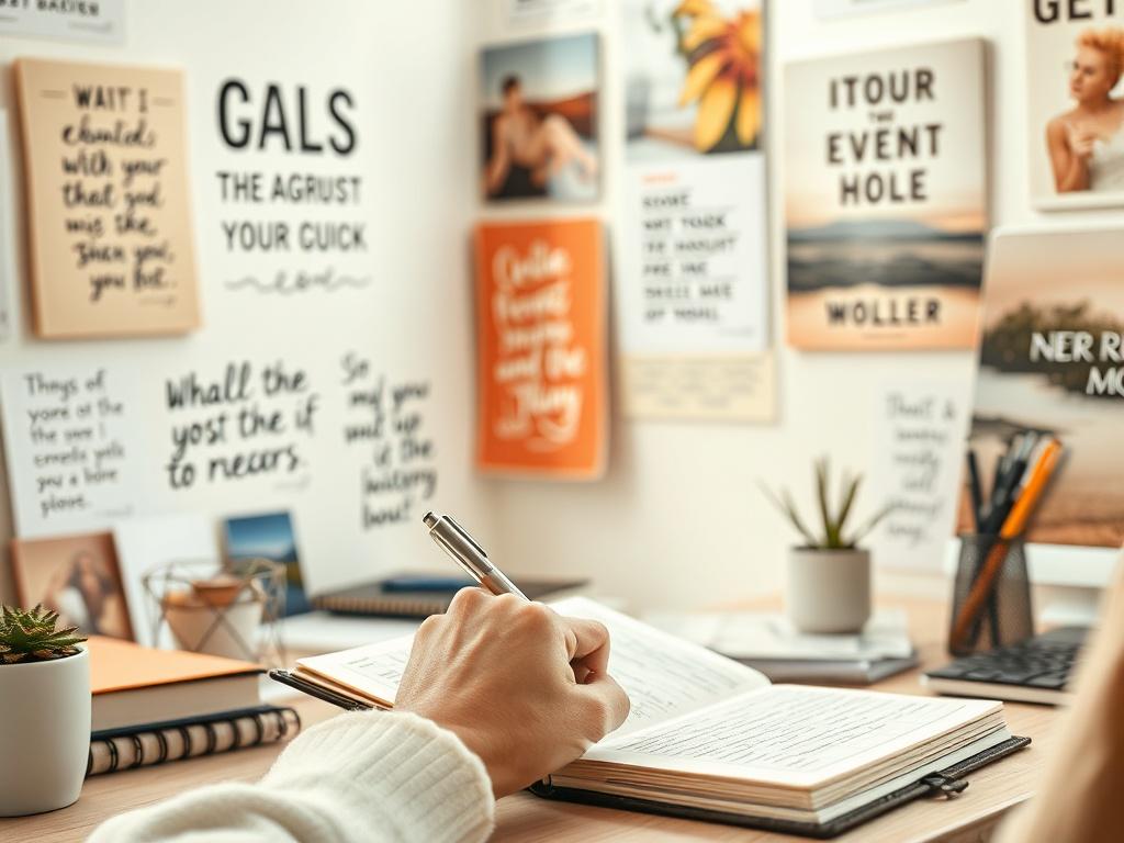 A close-up of a person writing their goals in a journal, surrounded by inspirational quotes and images, with a bright and airy workspace that radiates positivity and creativity.