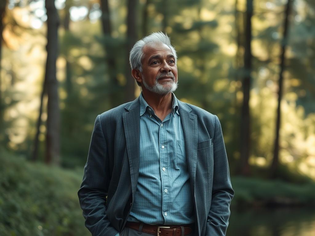 **AI Image Generation Prompt:**

Create a realistic, high-resolution photo that embodies the theme of "Reclaiming Authenticity in a World That Rewards Performance." The primary subject of the image should be a person standing confidently in a serene, natural setting—ideally a quiet forest or a calming lakeside. This individual, a middle-aged leader of diverse descent, should be depicted with a thoughtful yet relaxed expression, symbolizing the journey of reconnecting with their True Self.

The composition s