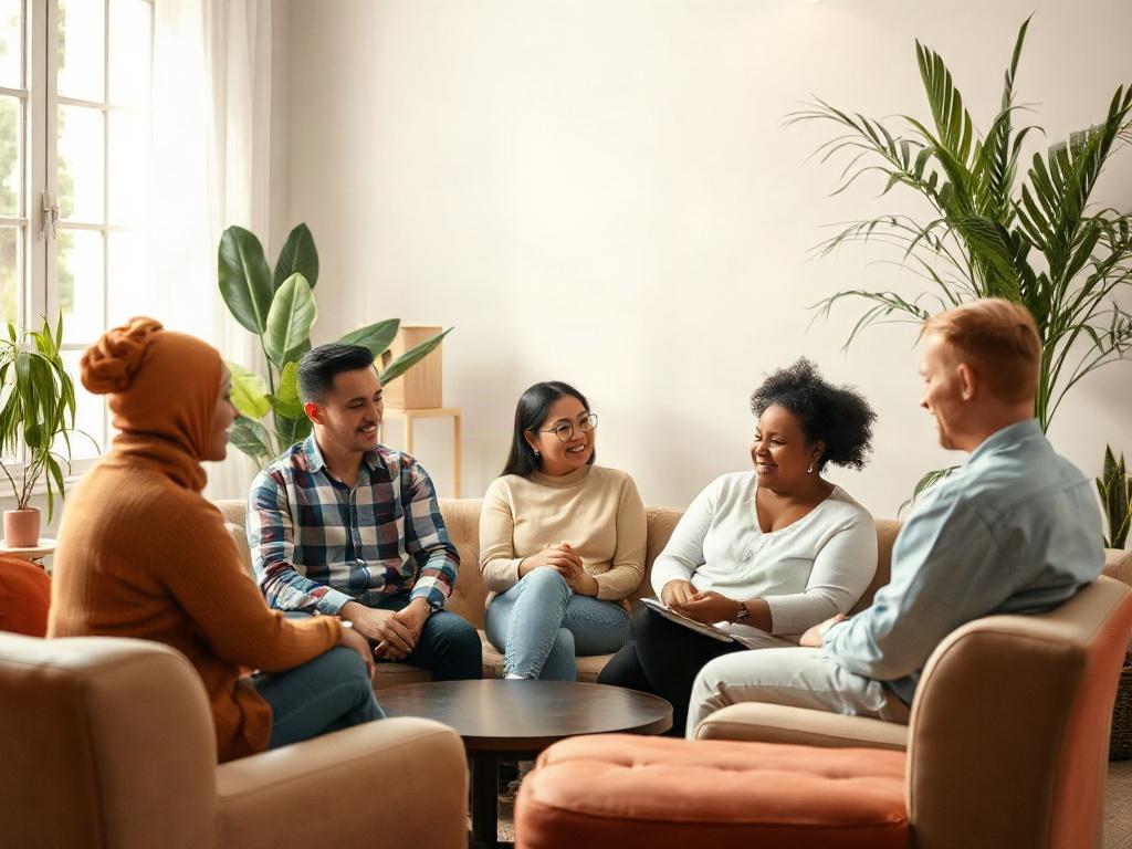 A serene and inviting group setting with soft lighting and comfortable seating. In the foreground, a small circle of diverse individuals engaged in deep conversation, sharing their thoughts with warmth and openness. The background features plants and calming decor that create a peaceful atmosphere, enhancing the sense of support and healing.