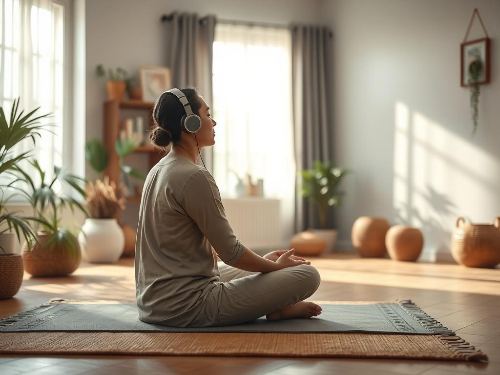 A calm, serene setting with a person sitting cross-legged on a mat, listening to headphones. Soft light filters through a window, illuminating a peaceful environment filled with plants and gentle decor. The focus is on the individual, embodying tranquility.