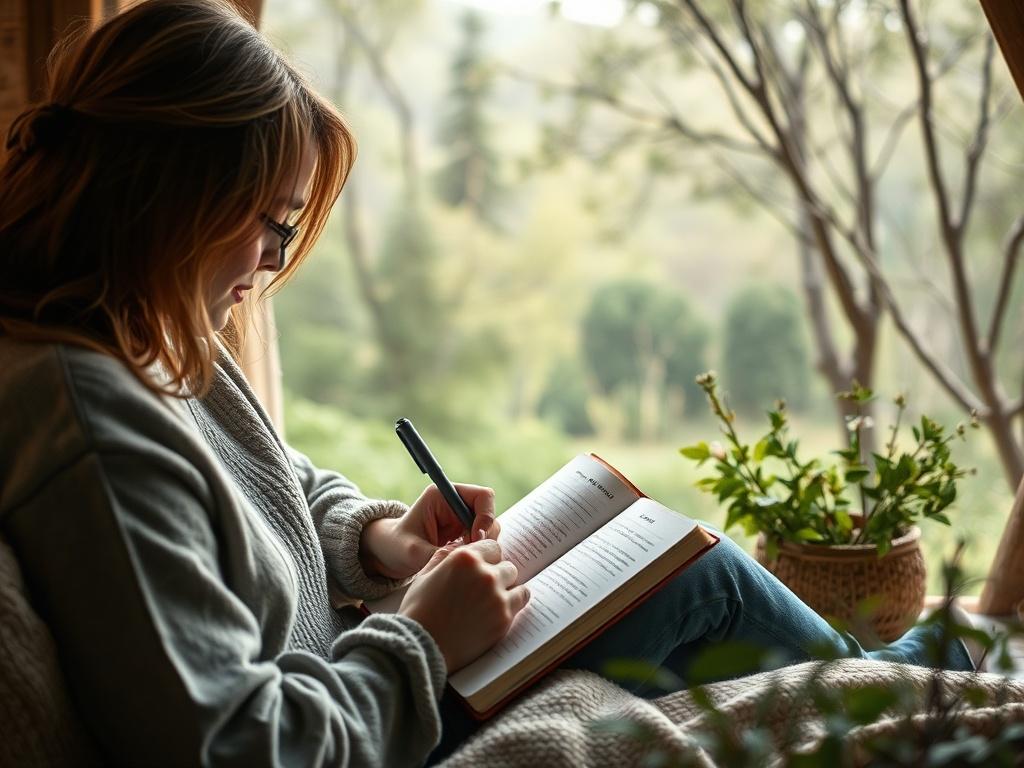 A person engaging in a reflective journaling practice in a cozy environment, surrounded by nature. They are writing down thoughts and progress, with a sense of focus and intention. The background showcases a peaceful outdoor scene, enhancing the theme of personal growth.