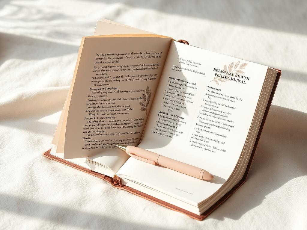 A realistic high-resolution photo of an elegant, open personal growth journal displayed on a soft, neutral-toned surface. The journal should have a textured cover, inviting pages with subtle, calming designs, and a soft pen resting beside it. Surround the journal with gentle lighting to create a peaceful atmosphere, evoking a sense of tranquility and inspiration, suitable for personal reflection.