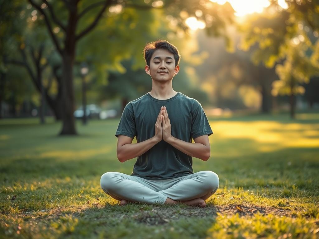 **AI Image Generation Prompt:**

Create a realistic high-resolution photo that embodies the themes of "Compassion, Mindfulness & Psychological Flexibility" for a blog. The composition should be simple and clear, featuring a single subject that represents mindfulness and compassion in a serene environment. 

**Subject Matter:**
The focal point of the image should be a young adult person practicing mindfulness in a tranquil outdoor setting. They are seated cross-legged on a soft grassy patch, with eyes gently