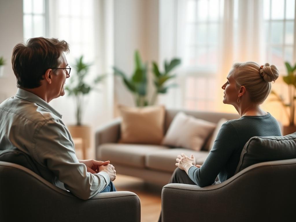 A serene coaching session in a softly lit room, featuring