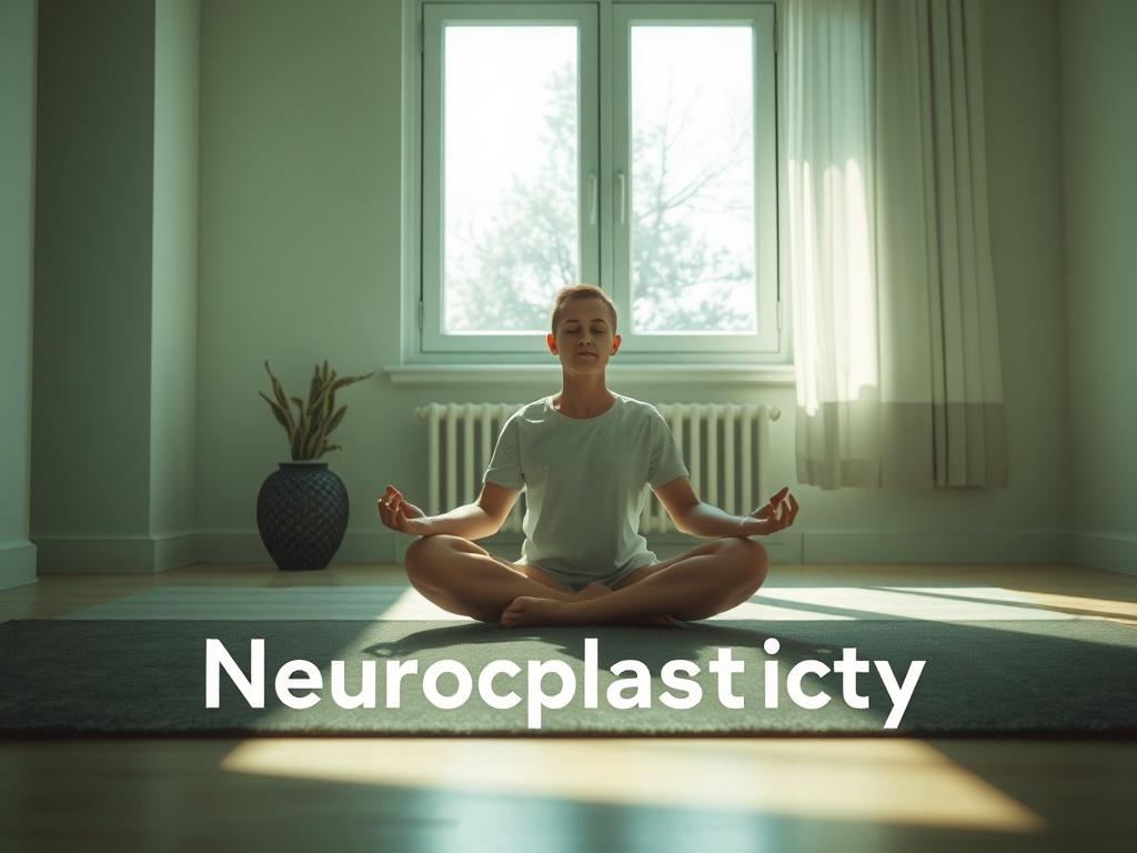 A serene indoor environment with a person sitting cross legged