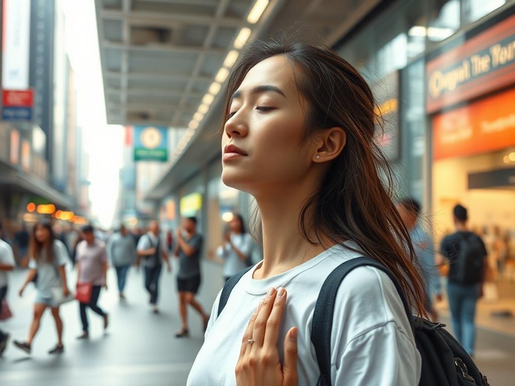 A dynamic scene depicting a person applying mindfulness techniques in a bustling urban environment.