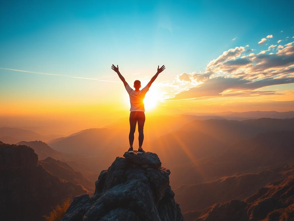 A vibrant, uplifting scene featuring a person standing triumphantly at the edge of a cliff overlooking a vast landscape. The sun is rising, casting warm golden hues across the sky. The individual has their arms raised in celebration, symbolizing empowerment and transformation. The background showcases mountains and valleys, representing the journey of personal growth and the expansive possibilities ahead.