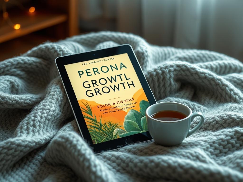 A realistic high-resolution photo of a digital tablet displaying the cover of a personal growth e-book, placed on a cozy blanket with a steaming cup of tea beside it. The background features soft lighting and a tranquil setting, inviting readers to explore their growth.