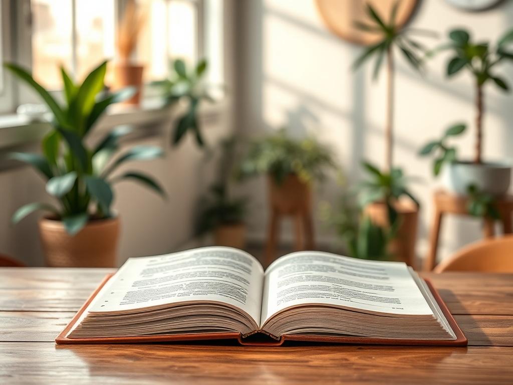 A realistic high-resolution photo of an open guided journaling workbook on a wooden table, with a soft light illuminating the pages. The background features a serene indoor space with plants and calming decor, creating a peaceful atmosphere.