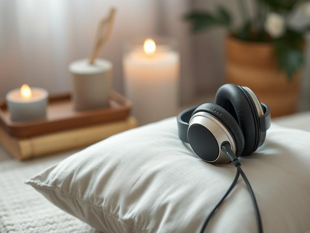 A realistic high-resolution photo of a pair of headphones resting on a soft cushion, with a serene background featuring a candle and calming decor. The scene exudes a peaceful atmosphere, inviting relaxation and mindfulness.
