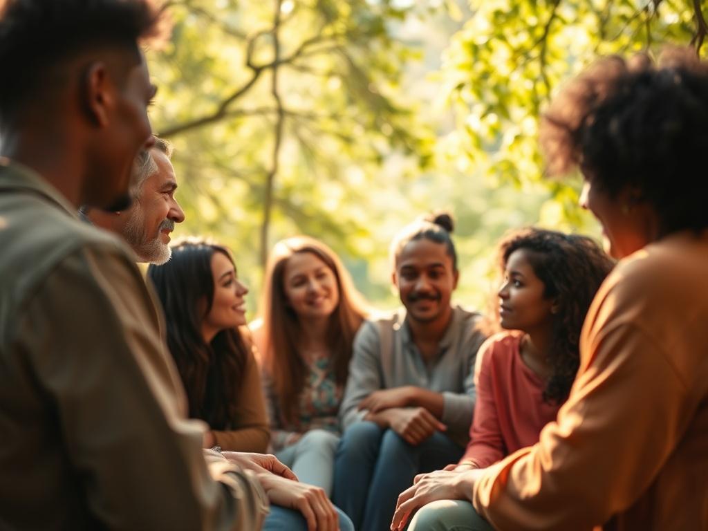 A warm and inviting community gathering in a serene setting, featuring a diverse group of individuals engaged in a supportive conversation. The background should include soft greenery and gentle sunlight filtering through the trees, creating a peaceful atmosphere. The focus should be on the expressions of connection and support among the participants, emphasizing a sense of belonging and shared growth.