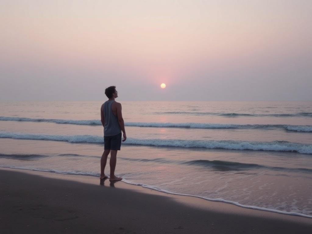 A serene, high-resolution image of a person standing on a peaceful beach at sunrise, gazing out at calm waters. The soft tones of early morning light create a gentle atmosphere, with soft waves rolling in. The individual appears contemplative and at peace, embodying the essence of self-discovery and growth, surrounded by nature's tranquility.