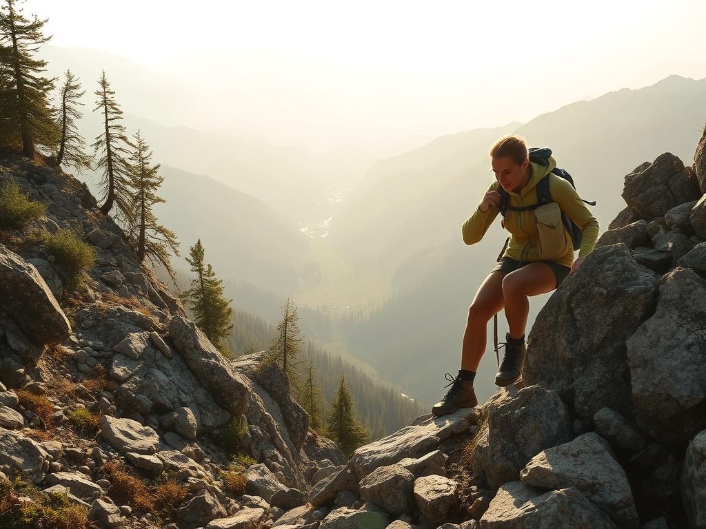 An inspiring, high-resolution image of a person climbing a rocky mountain trail, with a breathtaking view of the valley below. The sunlight filters through the trees, symbolizing hope and strength. The climber, dressed in outdoor gear, exhibits determination and focus, embodying the spirit of empowerment and resilience on their journey toward the summit.