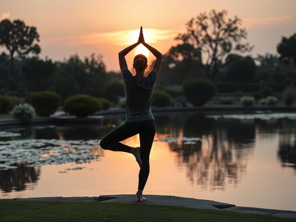 A calming, high-resolution image of a person practicing yoga in a tranquil garden setting at sunset. The soft colors of the sunset reflect off a calm pond, creating a harmonious atmosphere. The individual is in a meditative pose, exuding peace and balance, embodying the essence of wholeness and self-care in a serene environment.