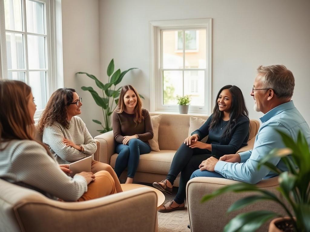 A serene group coaching session in a softly lit room with comfortable seating. The focus is on a diverse group of individuals engaged in discussion, smiling and exchanging ideas, with a warm and inviting atmosphere. Soft, natural light filters through a window, creating a peaceful ambiance, and plants add a touch of vibrancy to the space. The composition is simple, centering on the group interaction, highlighting the connection and support among participants.