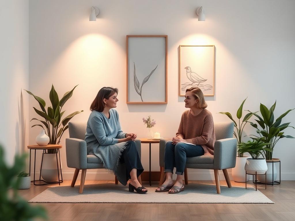A serene, inviting counseling room with soft lighting and comfortable seating. A counselor and client sit together, engaged in a thoughtful conversation. The background features calming artwork and plants, creating a peaceful atmosphere.