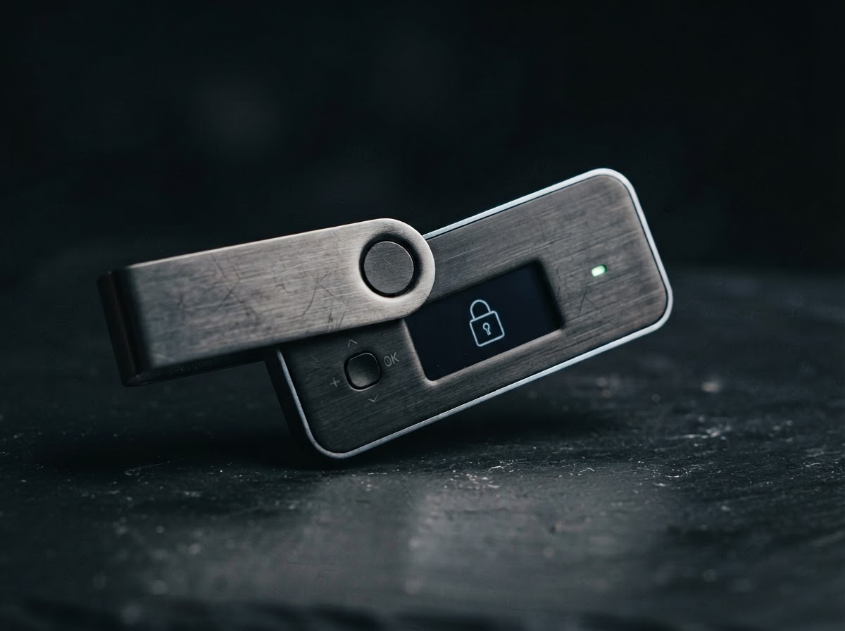 Close-up of a brushed metal hardware wallet with a small display against a dark background