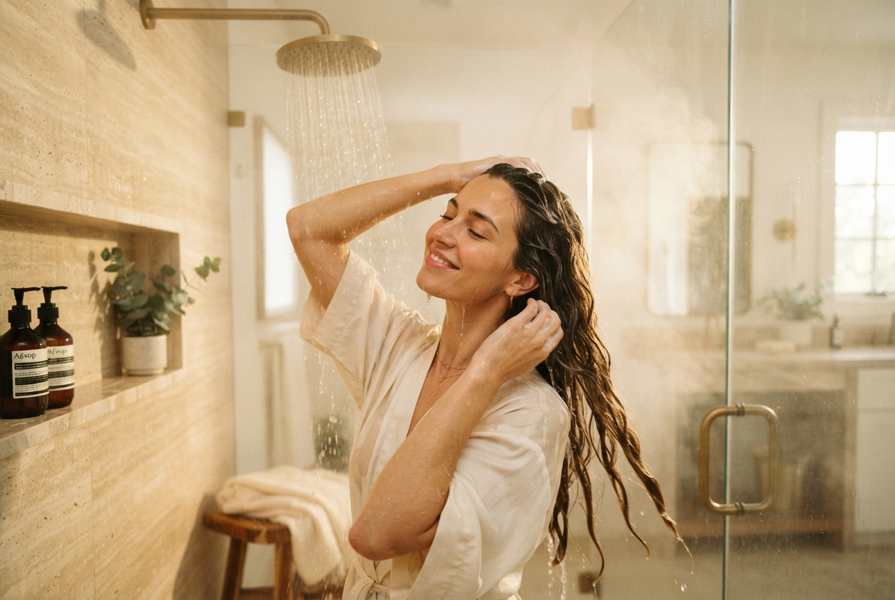 Woman washing her hair with warm water in a bright modern bathroom