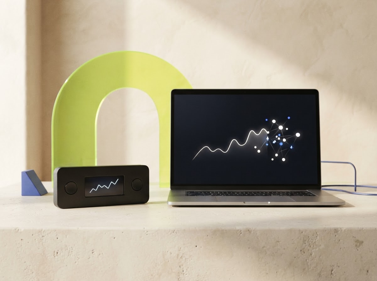 A generic hardware wallet beside a laptop with a portfolio chart, arranged as a sculptural desktop still life