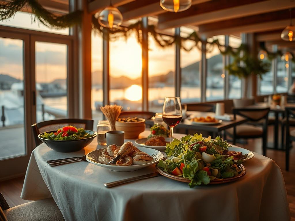 A cozy and inviting restaurant setting at sunset, featuring a