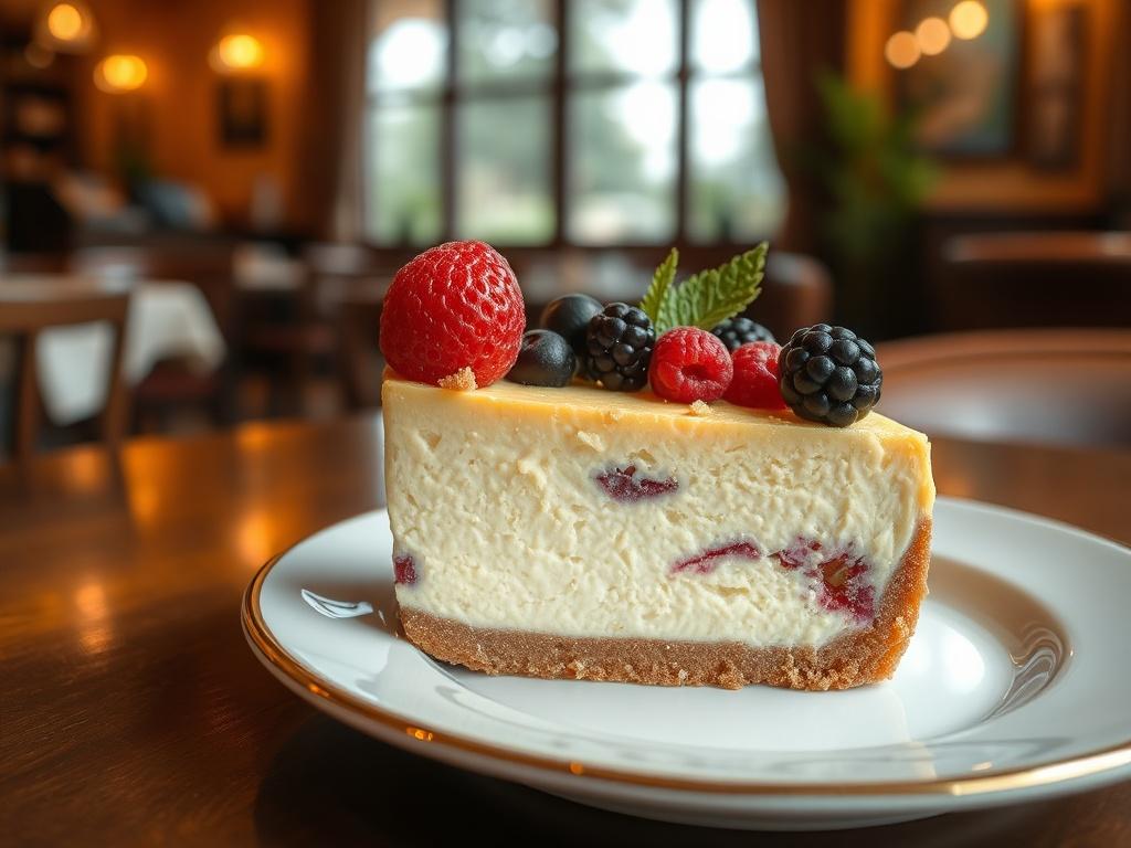 A slice of homemade cheesecake with a crumbly crust, topped