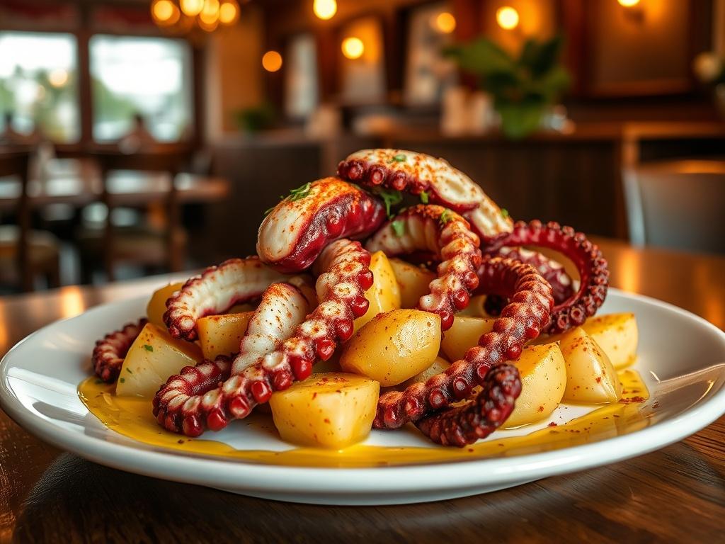 Tender octopus slices arranged beautifully on a plate with potatoes,
