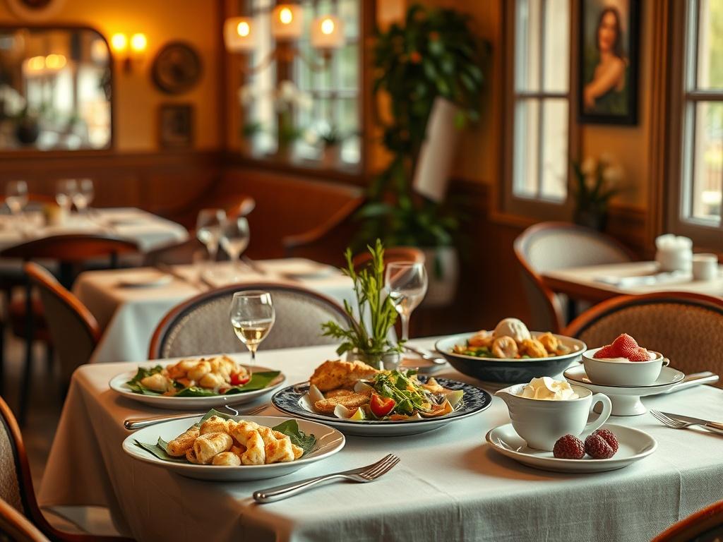 A cozy restaurant setting with warm golden hues, featuring a