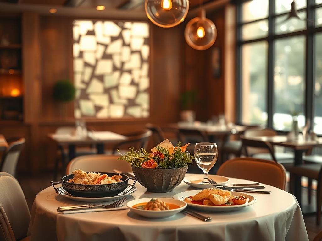 A cozy restaurant setting with soft golden lighting, showcasing a