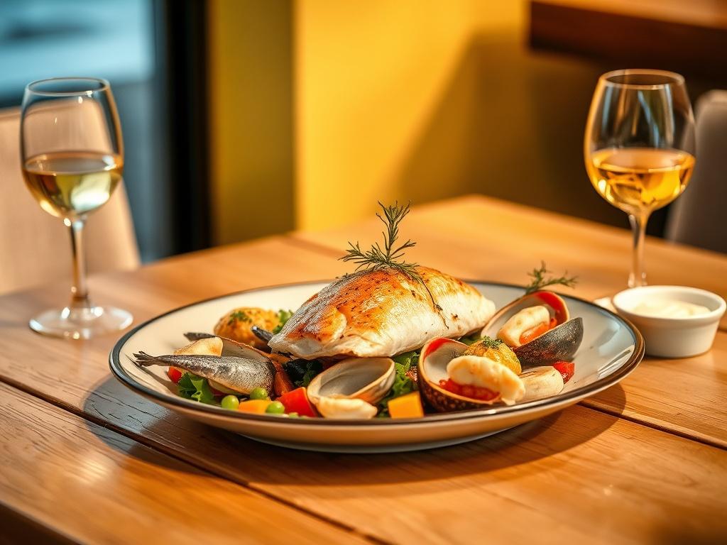 Create a realistic high-resolution photo that captures the essence of marine cuisine at PUERTO TABERNA. The image should feature a beautifully plated seafood dish as the central subject, showcasing fresh fish, succulent shellfish, and vibrant vegetables arranged artfully. The dish should be garnished with herbs and a drizzle of olive oil, emphasizing the quality of the ingredients.

The background should be simple and serene, featuring a rustic wooden table that complements the coastal theme of the restaura