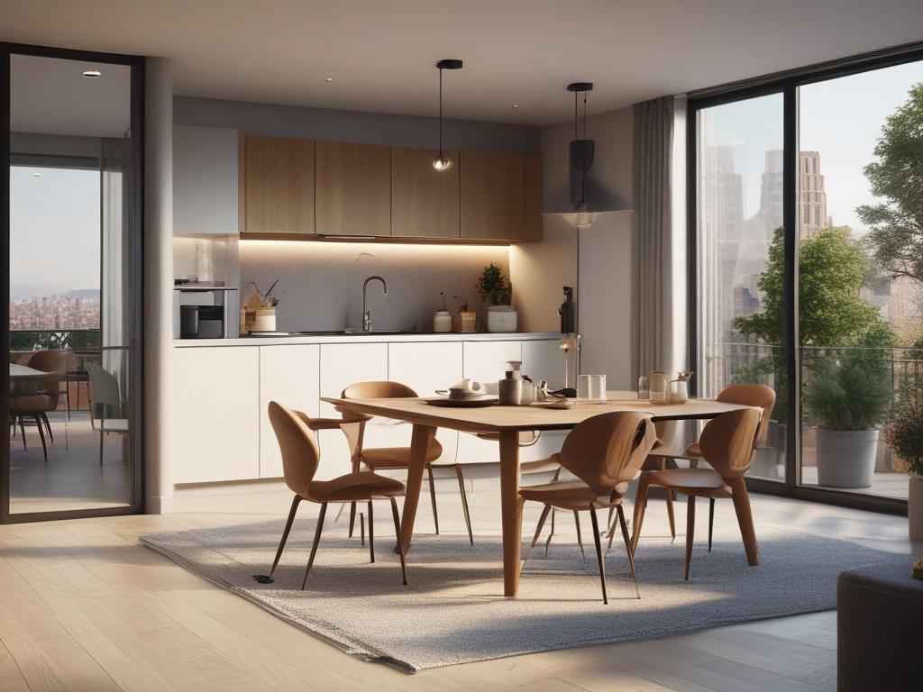 Family-friendly apartment designed for comfort, featuring spacious rooms, a modern kitchen, and outdoor terrace with a view, captured in hyper-realistic detail.